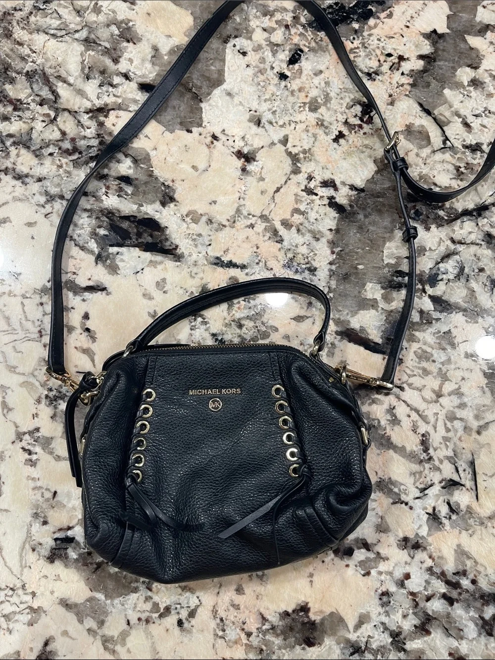 MICHAEL Michael Kors Black Leather Satchel with Gold Eyelet Accents